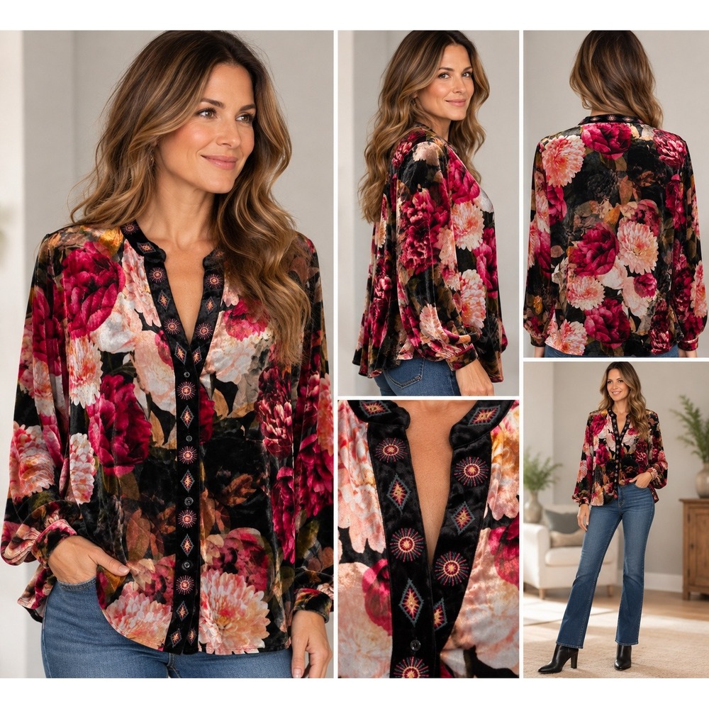 Johnny Was Blouse Velvet Floral Silk Blend Embroidered Boho Size L